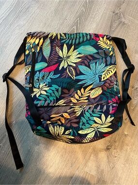 Tropical Leaf Print Backpack in Black with Multicolor Leaves
